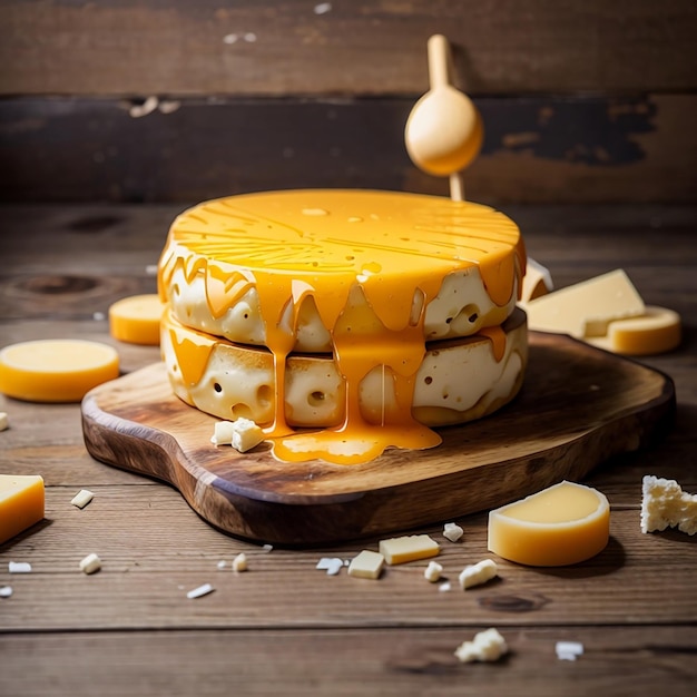 A delicious of pile of melted cheese on wooden table and wood background