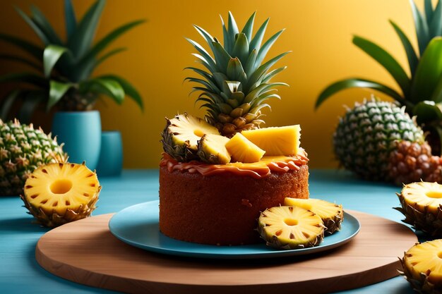 Photo delicious pineapple cake freshly baked decorated in healthy food background