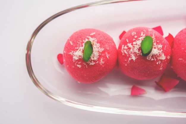 Delicious Pink Chumchum or rose flavour cham cham or Rasgulla or Rasagola Rosogola Rosogolla