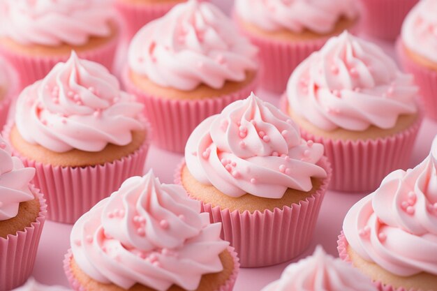 Delicious pink cream on cupcakes