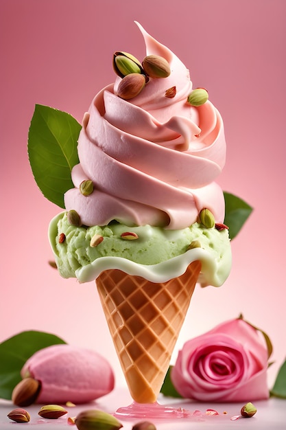 Delicious pink ice cream in waffle cone with pistachios with pink background