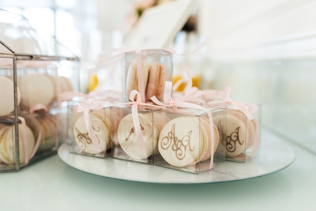 Delicious pink macaroons for guests wedding ceremony