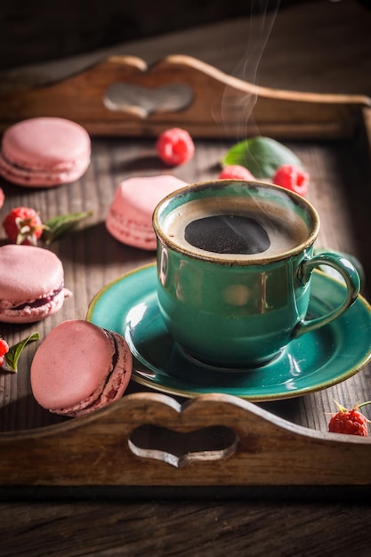 Delicious pink macaroons made of fresh raspberries