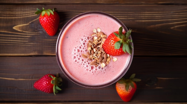 Delicious Pink Smoothie With Strawberries And Nuts Aerial View