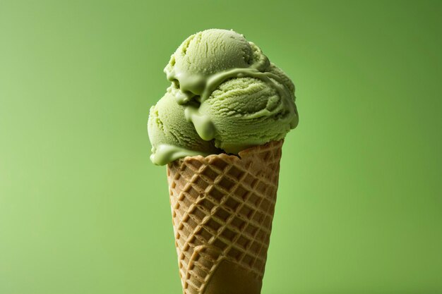 Delicious pistachio ice cream on a cone