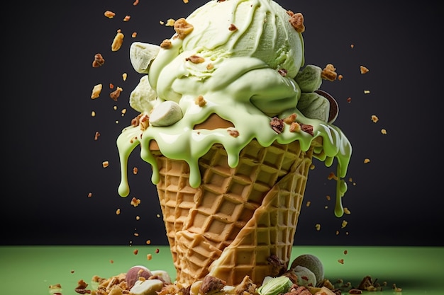 Delicious Pistachio Ice Cream in a Waffle Cup Generative AI