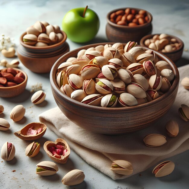 Delicious pistachios in bowl on pastel grey textured table