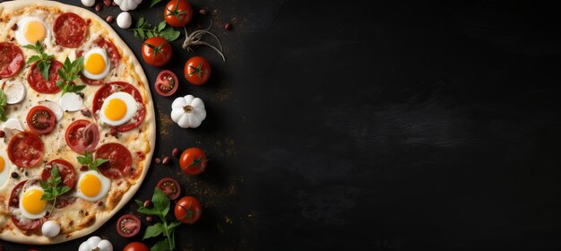 Photo delicious pizza on black stone background with top view ingredients and empty space for text