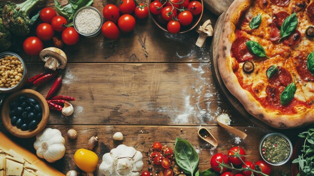 Photo delicious pizza covered in various toppings placed on wooden table perfect for food lovers and restaurant promotions