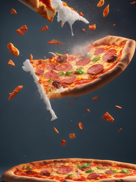 空中に浮かぶ美味しいピザ 超詳細な写真 8k hd