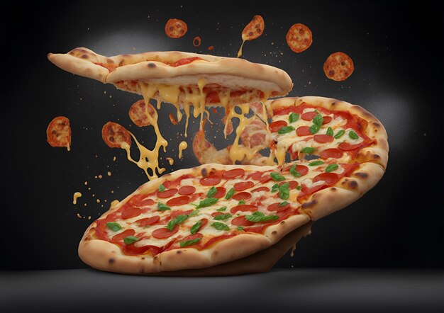 delicious pizza floating in the air