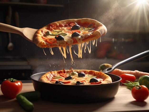 Delicious pizza flying out of the frying pan in the air in the kitchen