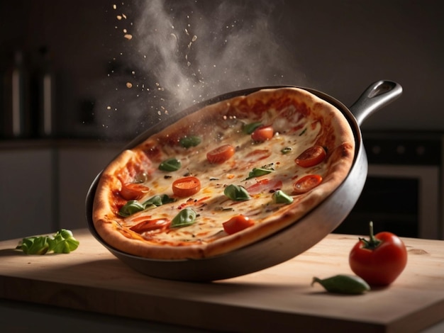 Delicious pizza flying out of the frying pan in the air in the kitchen