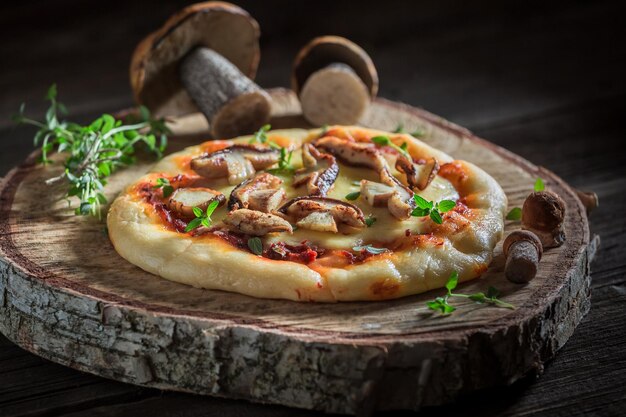 Delicious pizza made of wild mushrooms and herbs