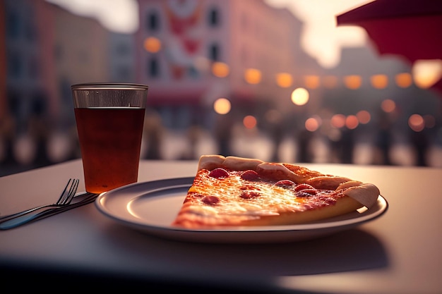 Delicious pizza on a plate with diner blurred in the background