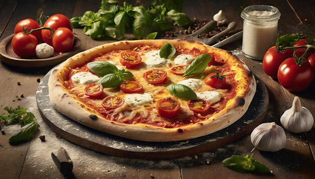 Foto deliziosa pizza insalata spezie pubblicità visiva