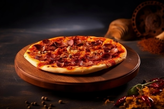 Delicious Pizza Served on a Wooden Plate Generative AI