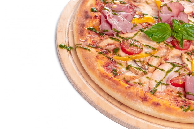 Delicious pizza served on wooden plate isolated on white