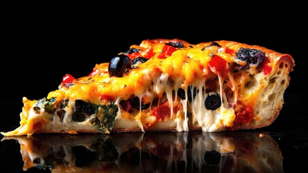 Delicious pizza slice topped with cheese olives and tomato presented on a black background Generative ai