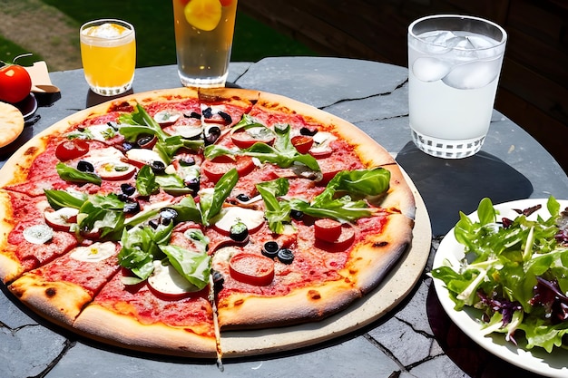 Delicious pizza on stone with salad and drinks