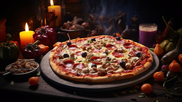 Delicious Pizza with Candles and Assorted Food on Table Easily Discoverable Stock Image with Generat...