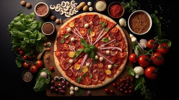 Delicious pizza with different ingredients on wooden table top view