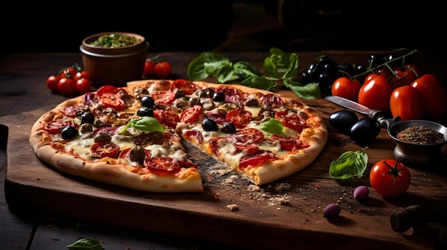 신선한 모짜렐라 페퍼로니 소시지와 야채를 곁들인 맛있는 피자