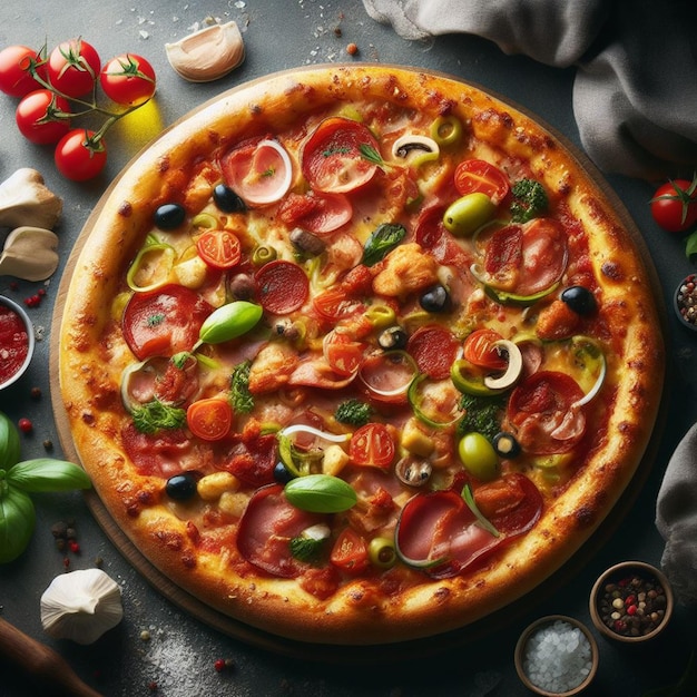 写真 完全なトッピングの背景で美味しいピザ
