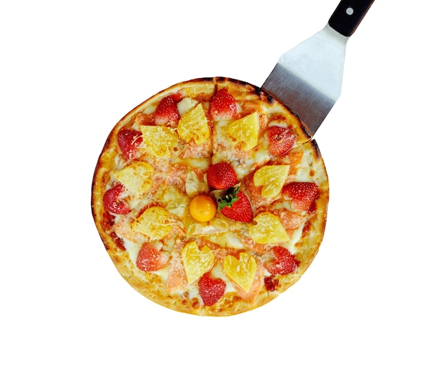 Delicious pizza with ham and mixed fruits on white background