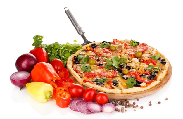 Delicious pizza with ingredients around isolated on white