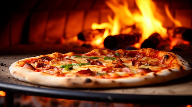 delicious pizza with meat and fire on wooden table