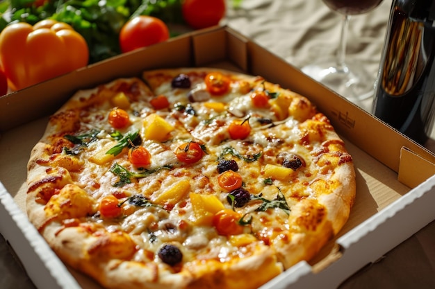 Delicious pizza with pineapple tomatoes and olives in a box with fresh vegetables and a bottle in the background