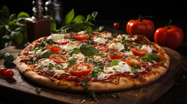 A delicious pizza with tomatoes basil and cheese