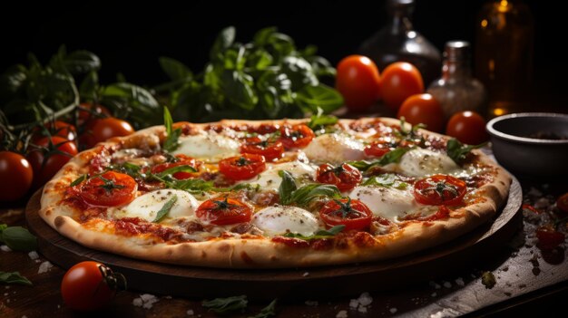 A delicious pizza with tomatoes basil and cheese