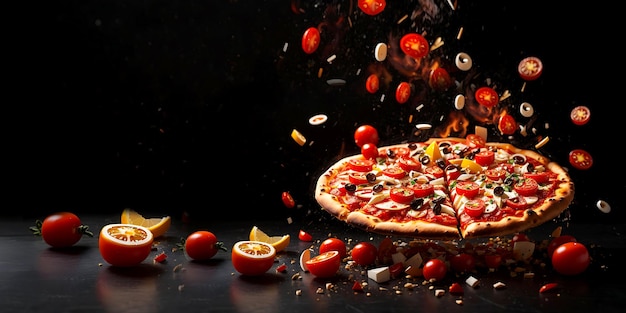 Photo delicious pizza with tomatoes leaf lemon and pepper with fire effect aigenerated