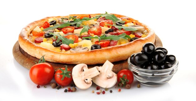 Delicious pizza with vegetables isolated on white