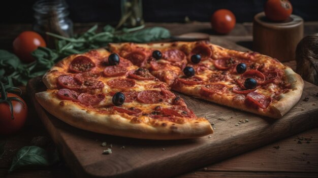 Delicious pizza on a wooden board with black background