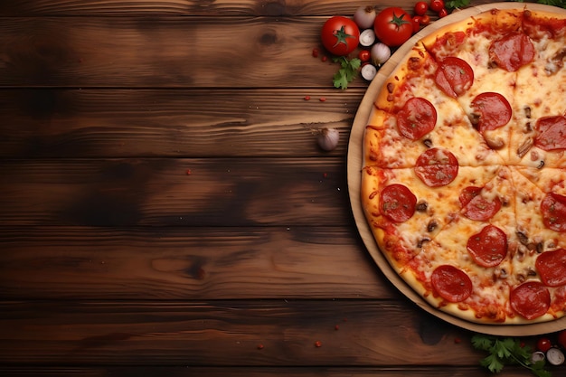 Delicious Pizza on a Wooden Table Top View