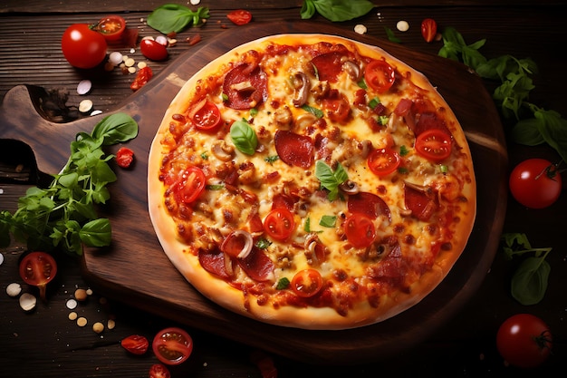 Delicious Pizza on a Wooden Table Top View