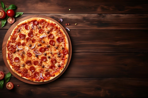 Delicious Pizza on a Wooden Table Top View