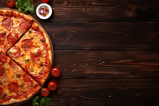 Delicious Pizza on a Wooden Table Top View