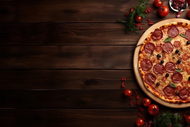 Photo delicious pizza on a wooden table top view