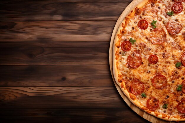 Delicious pizza on a wooden table top view