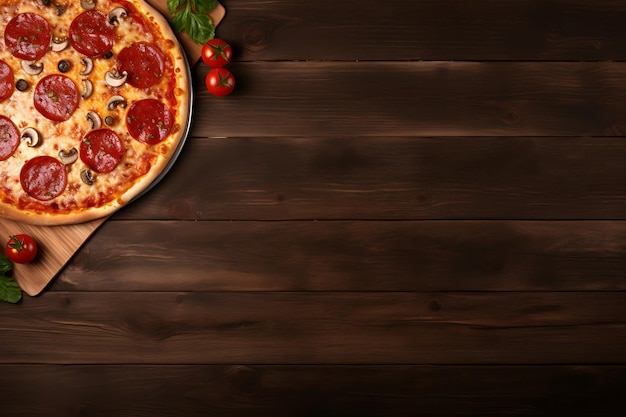 Delicious pizza on a wooden table top view