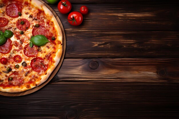 Delicious pizza on a wooden table top view