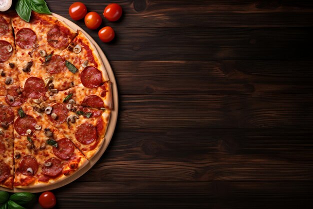 Delicious pizza on a wooden table top view