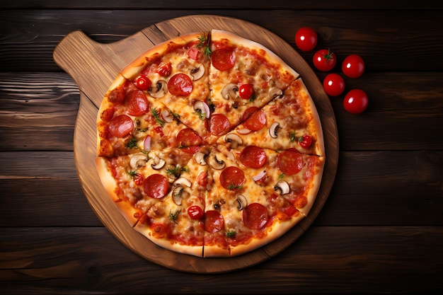 Delicious Pizza on a Wooden Table Top View