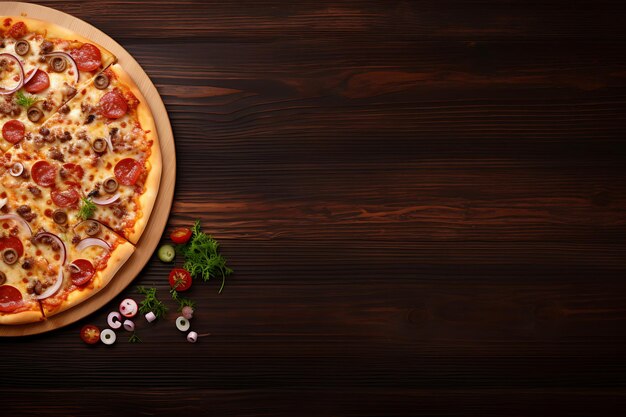 Delicious pizza on a wooden table top view