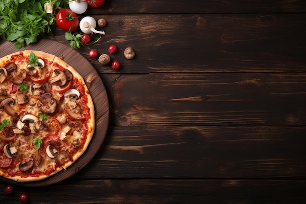 Delicious pizza on wooden table with copy space