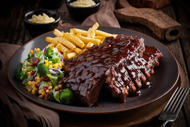 Delicious plate of BBQ ribs with salad and French fries